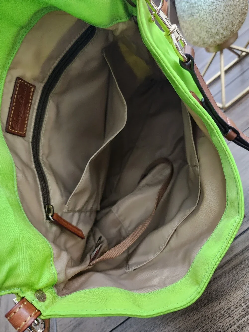 Dooney & Bourke Lime Green Nylon Tote W Leather Zipper Pulls